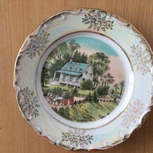 Currier and Ives summer plate made in Japan lusterware gold rim